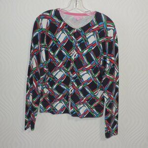 LILLY PULITZER sz L Paley Cardigan Twist Pattern pink green navy blue